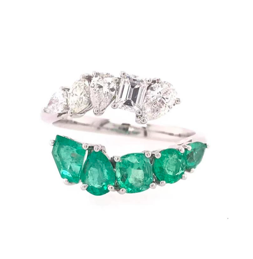 &quot;Jardin&quot;Emerald &amp; Diamond Mix Shapes Bypass Ring